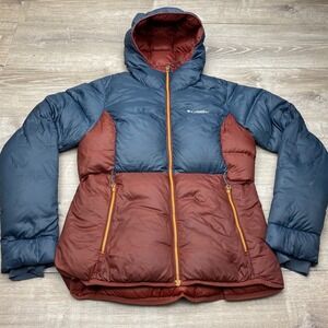 Columbia Jacket Down Puffer Hooded Womens Med Blue Burgundy Winter Coat